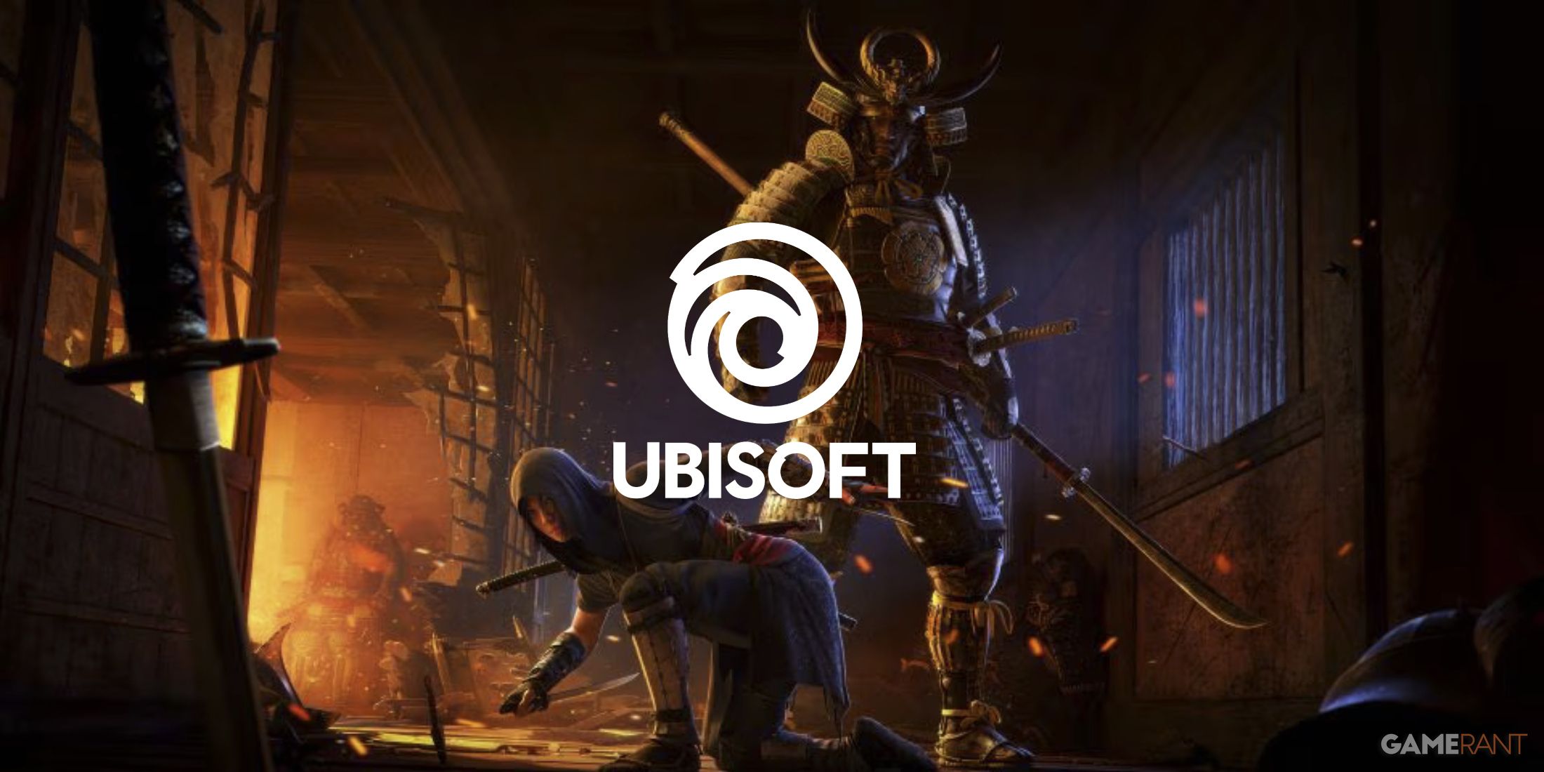 ubisoft logo over yusuke and naoe from assassin's creed shadows