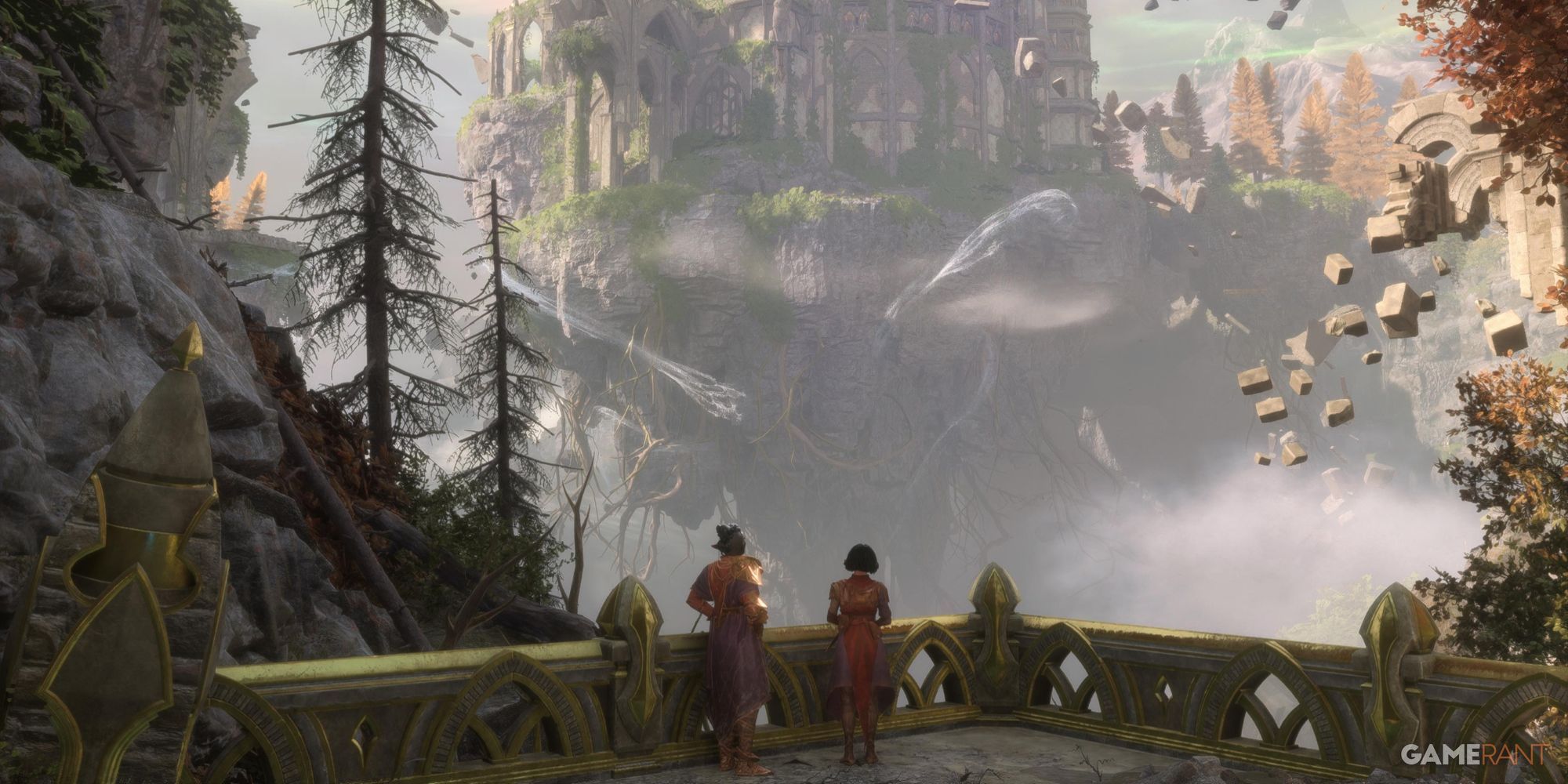 Strife and Irelin standing on a balcony in Dragon Age: The Veilguard