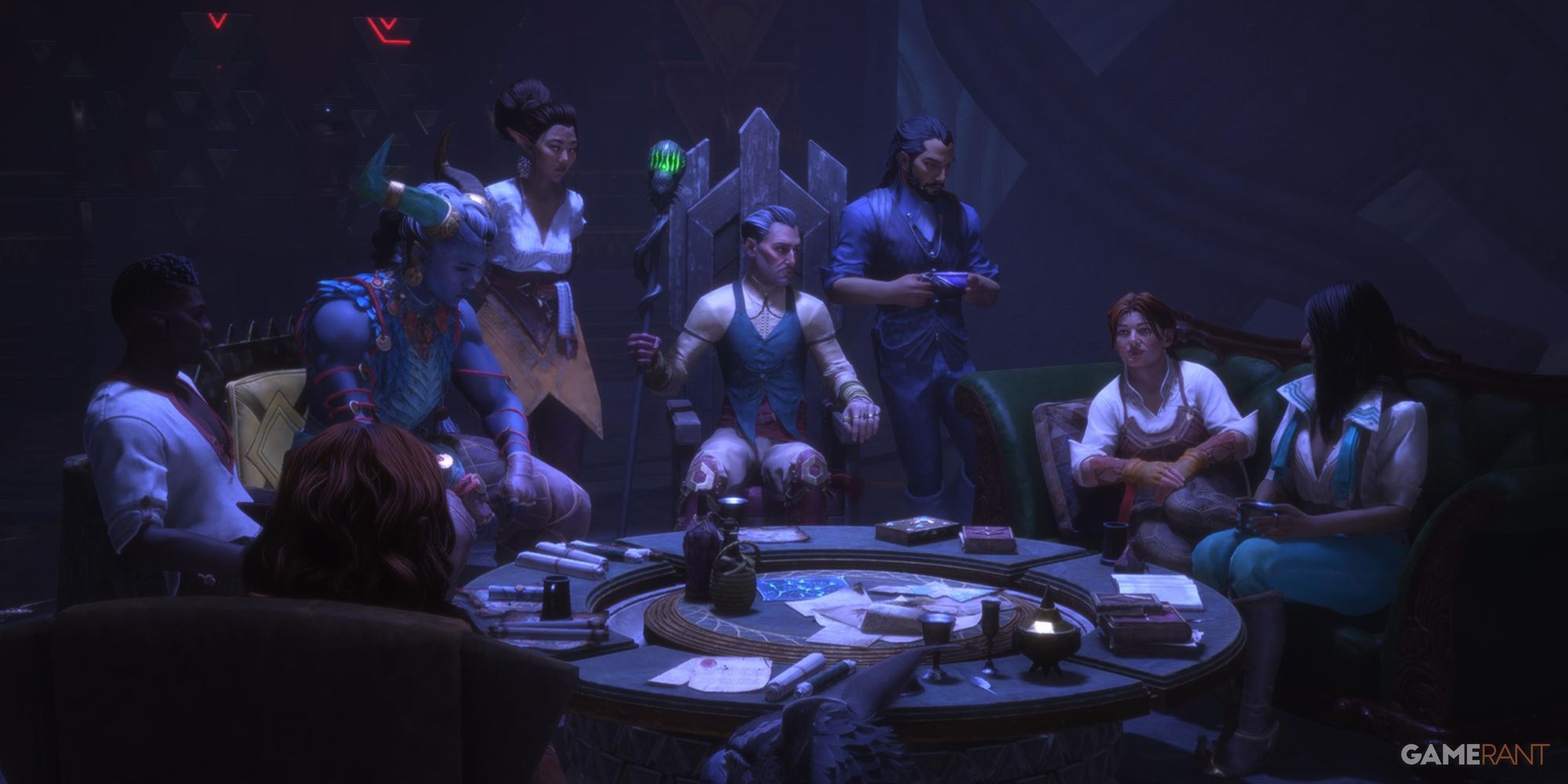 The companions and Rook all sitting together in Dragon Age: The Veilguard