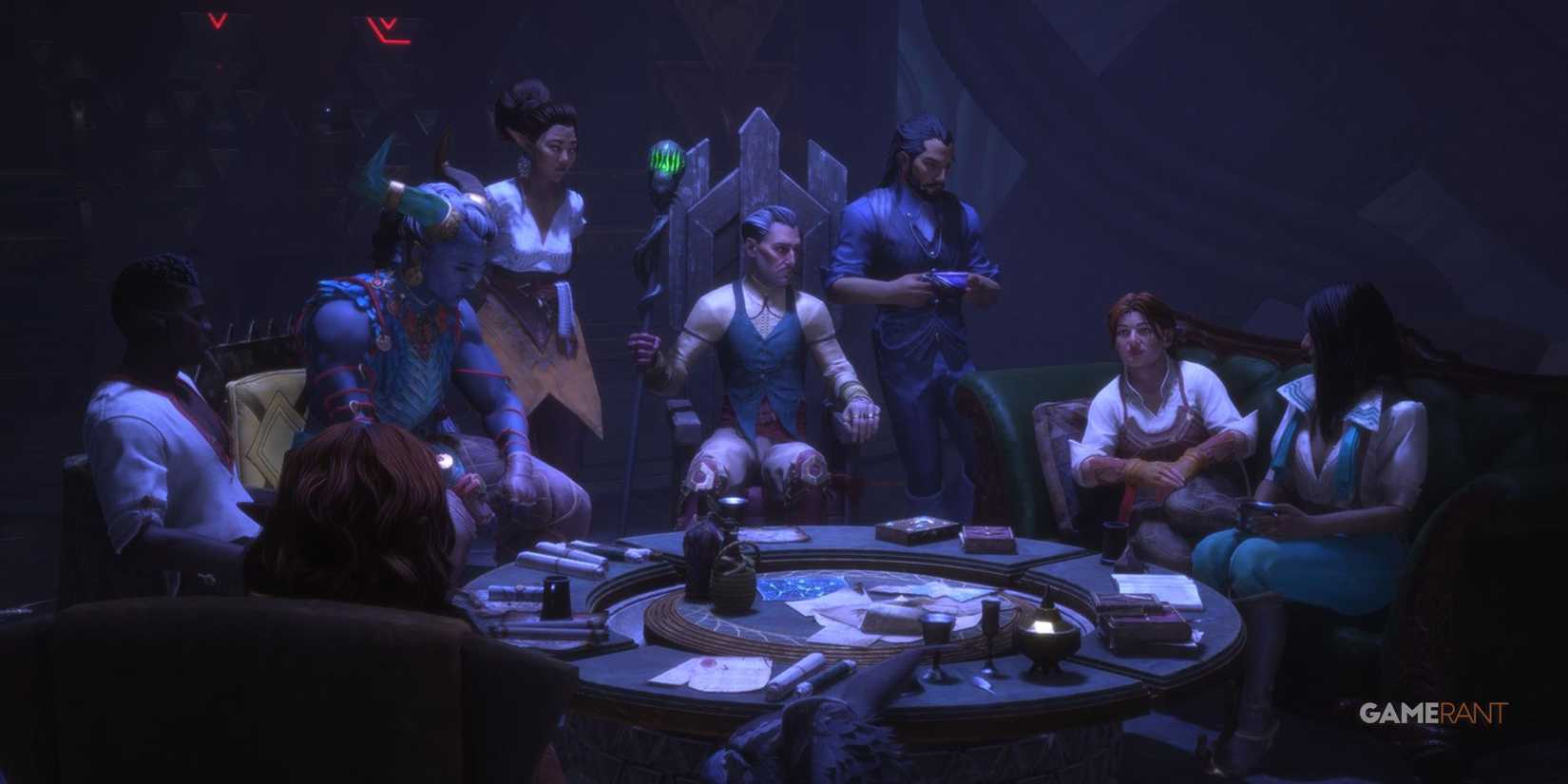 The companions and Rook all sitting together in Dragon Age: The Veilguard