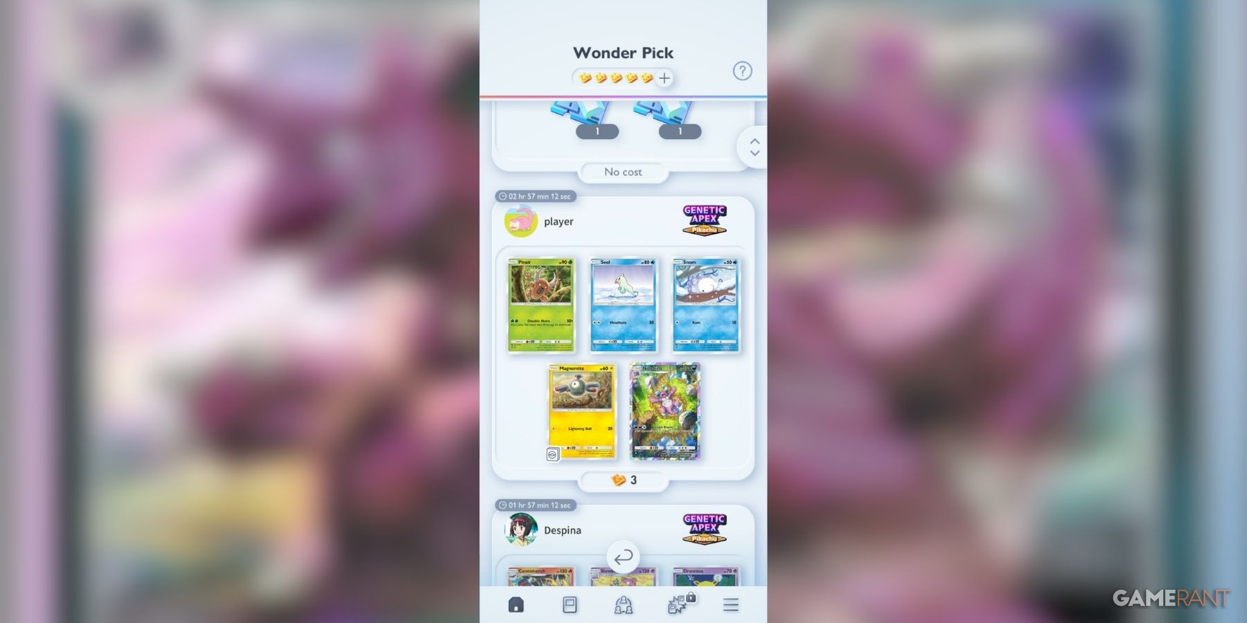 Wonder Pick feature with various Pokemon cards displayed, player options in Pokemon TCG Pocket