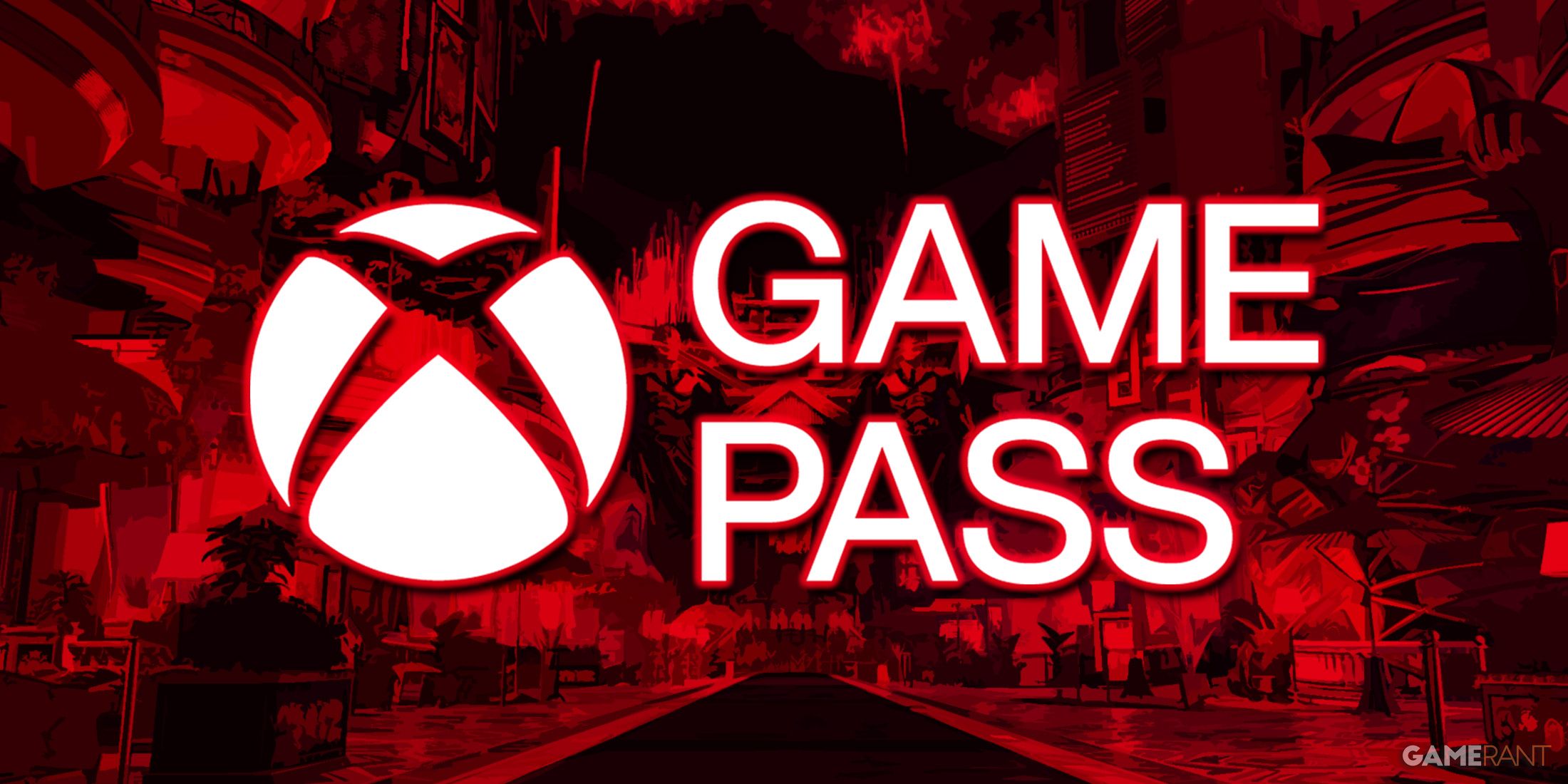 Xbox Game Pass logo over stylized red-tinted Like a Dragon The Man Who Erased His Name promo screenshot