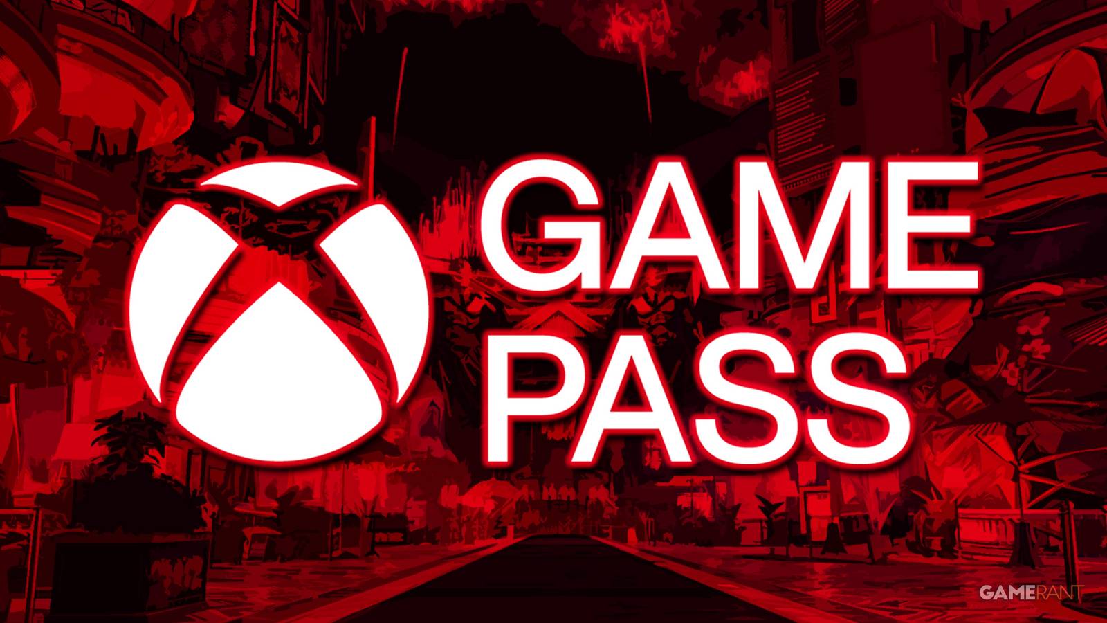 Xbox Game Pass logo over stylized red-tinted Like a Dragon The Man Who Erased His Name promo screenshot