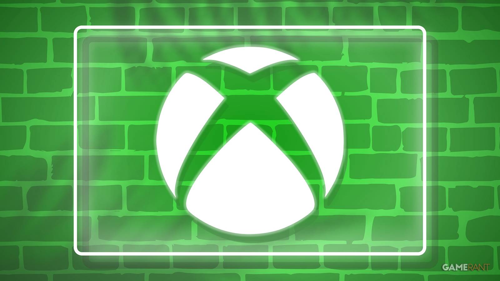 Xbox logo emblem submark neon sign on stylized brick wall 2x1 composite