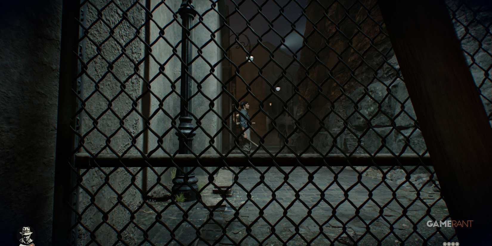 A character seen through a fence in a dimly lit alley, emphasizing stealth in Indiana Jones and The Great Circle
