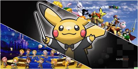 A Collage Of Various Key Art From Theatrhythm Final Fantasy, Super Smash Bros Melee, & The Pokemon Symphonic Evolution Concert