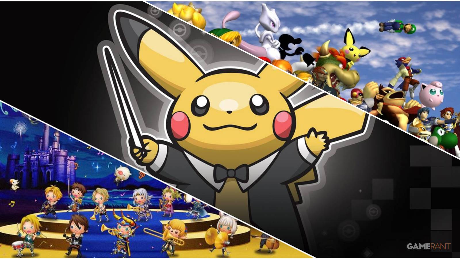 A Collage Of Various Key Art From Theatrhythm Final Fantasy, Super Smash Bros Melee, & The Pokemon Symphonic Evolution Concert