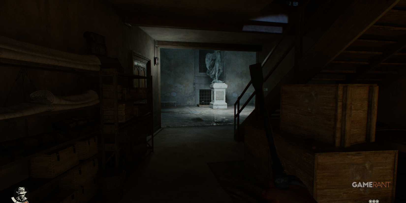 A dark basement area with stairs and a statue visible through an open doorway in Indiana Jones and The Great Circle
