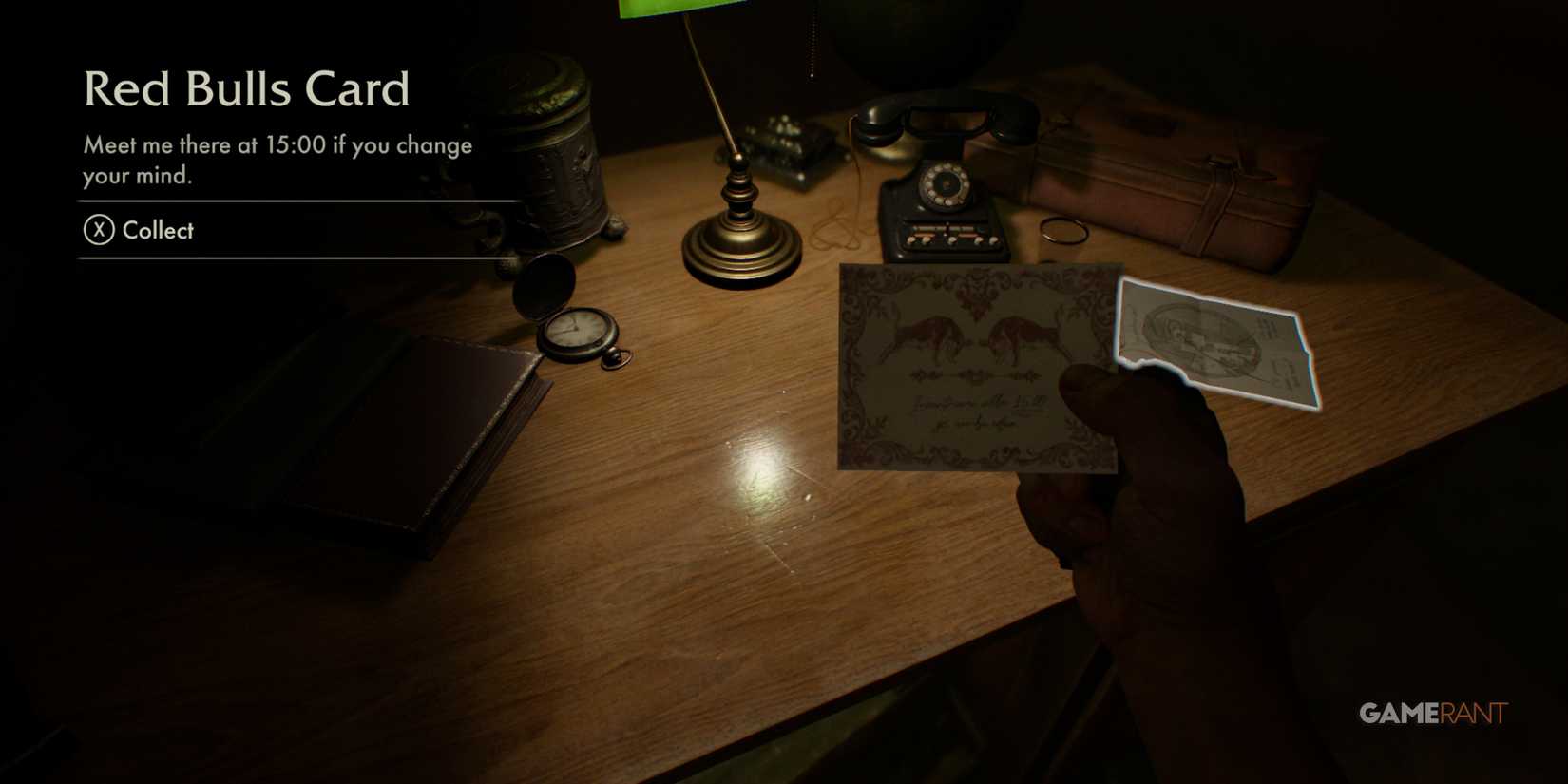 A hand holding a 'Red Bulls Card' on a vintage desk surrounded by classic items in Indiana Jones and The Great Circle
