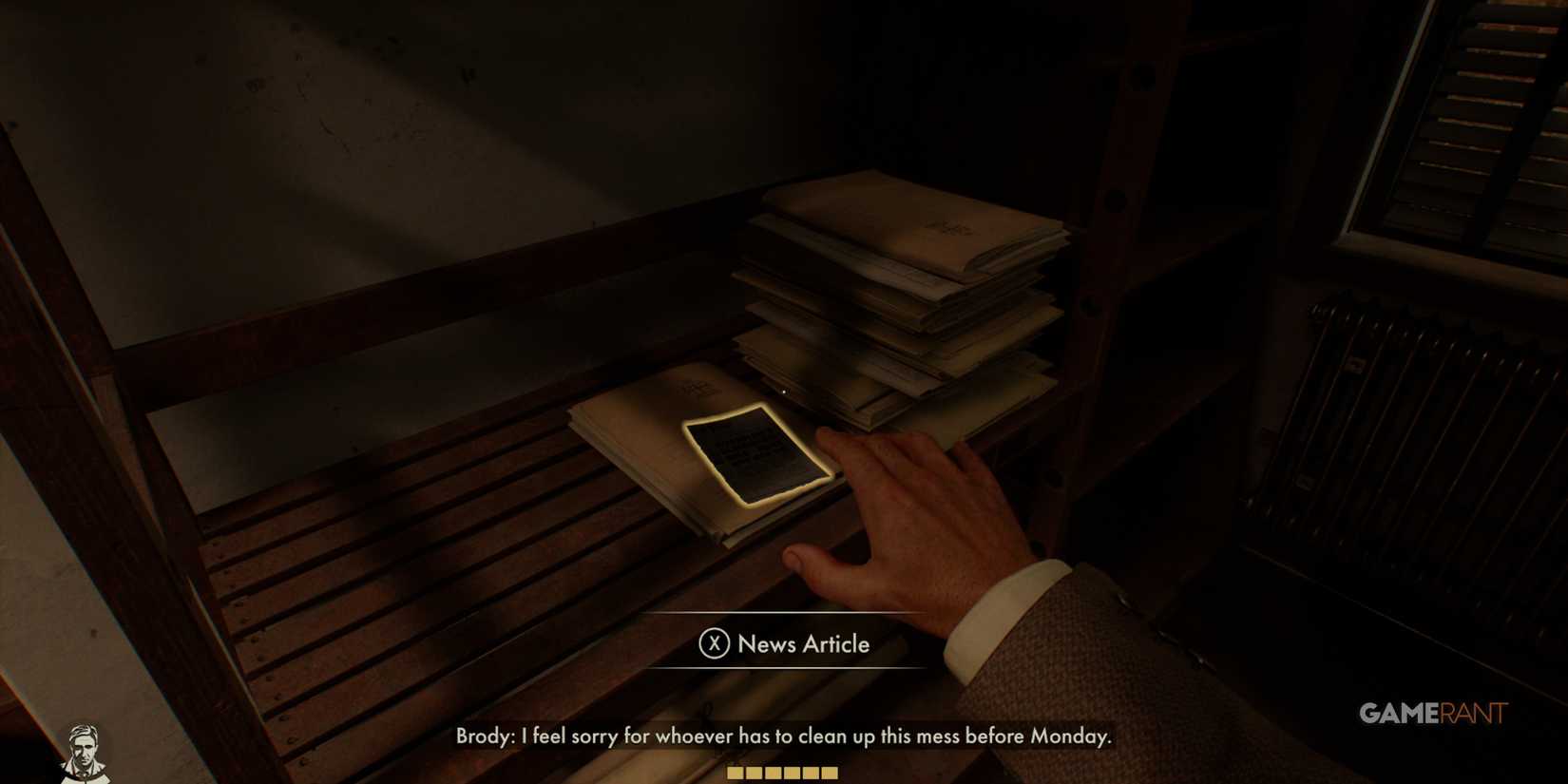 A hand reaching for a 'News Article' on a cluttered wooden shelf with dim lighting in Indiana Jones and The Great Circle