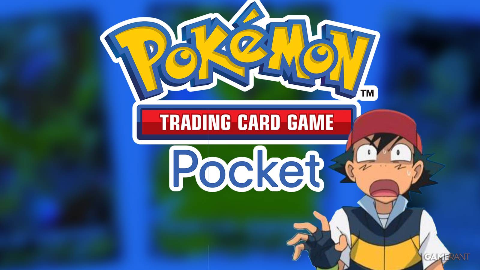 Ash Ketchum looking shocked in front of Pokemon TCG Pocket logo on blue background