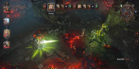 Battle against a skeletal green creature on a fiery battlefield in Divinity Original Sin