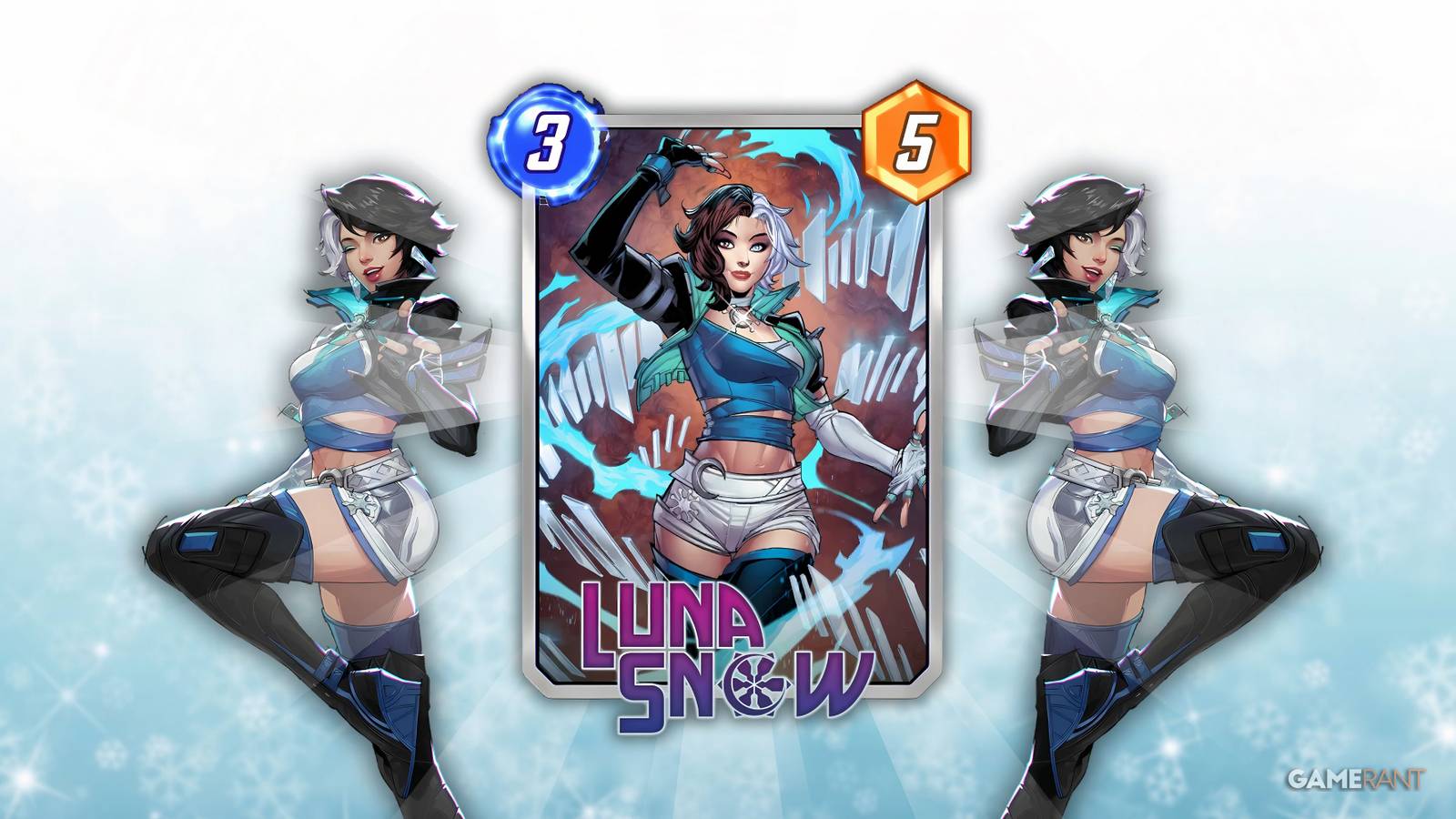 luna snow's card in marvel snap next to her character design in marvel rivals.