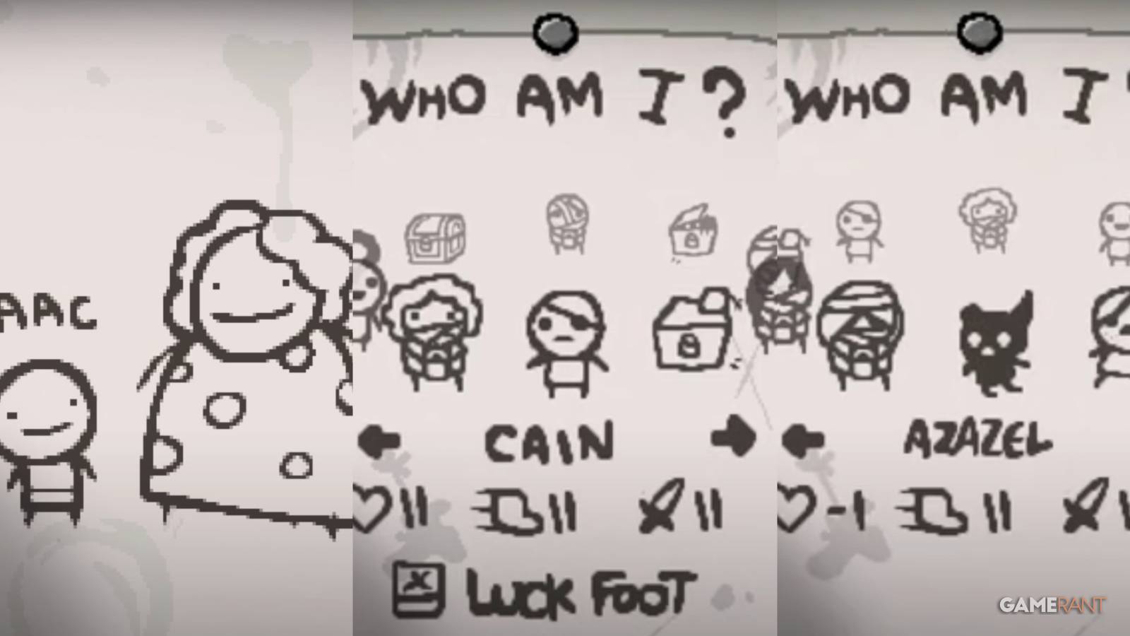 split image of Isaac, Cain, and Azazel in The Binding Of Isaac Rebirth