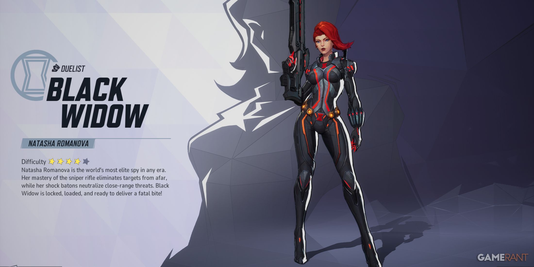 Black Widow in Marvel Rivals with description of abilities and difficulty rating