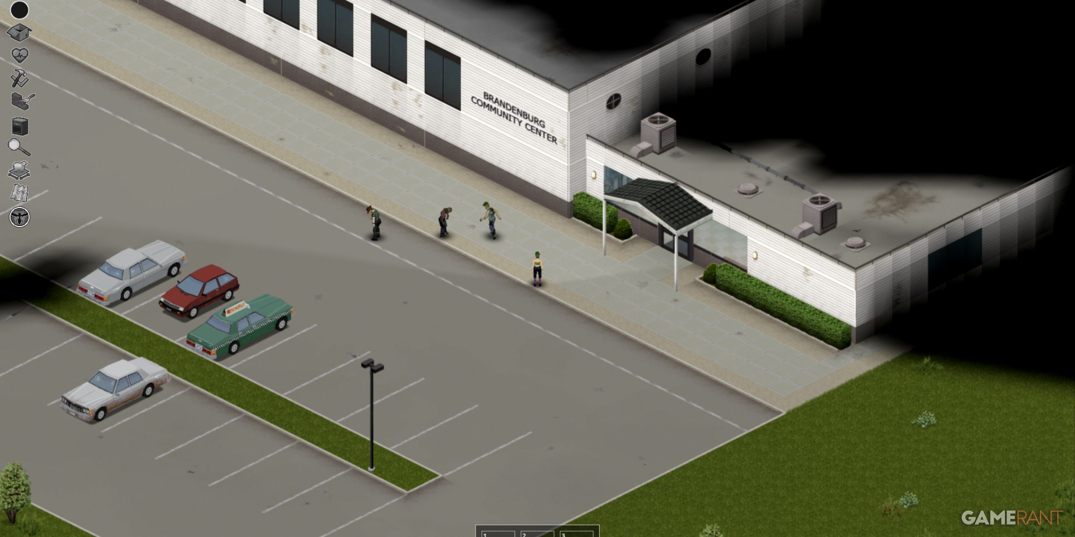 Brandenburg Community Center in Project Zomboid, featuring zombies and a parking lot for exploration