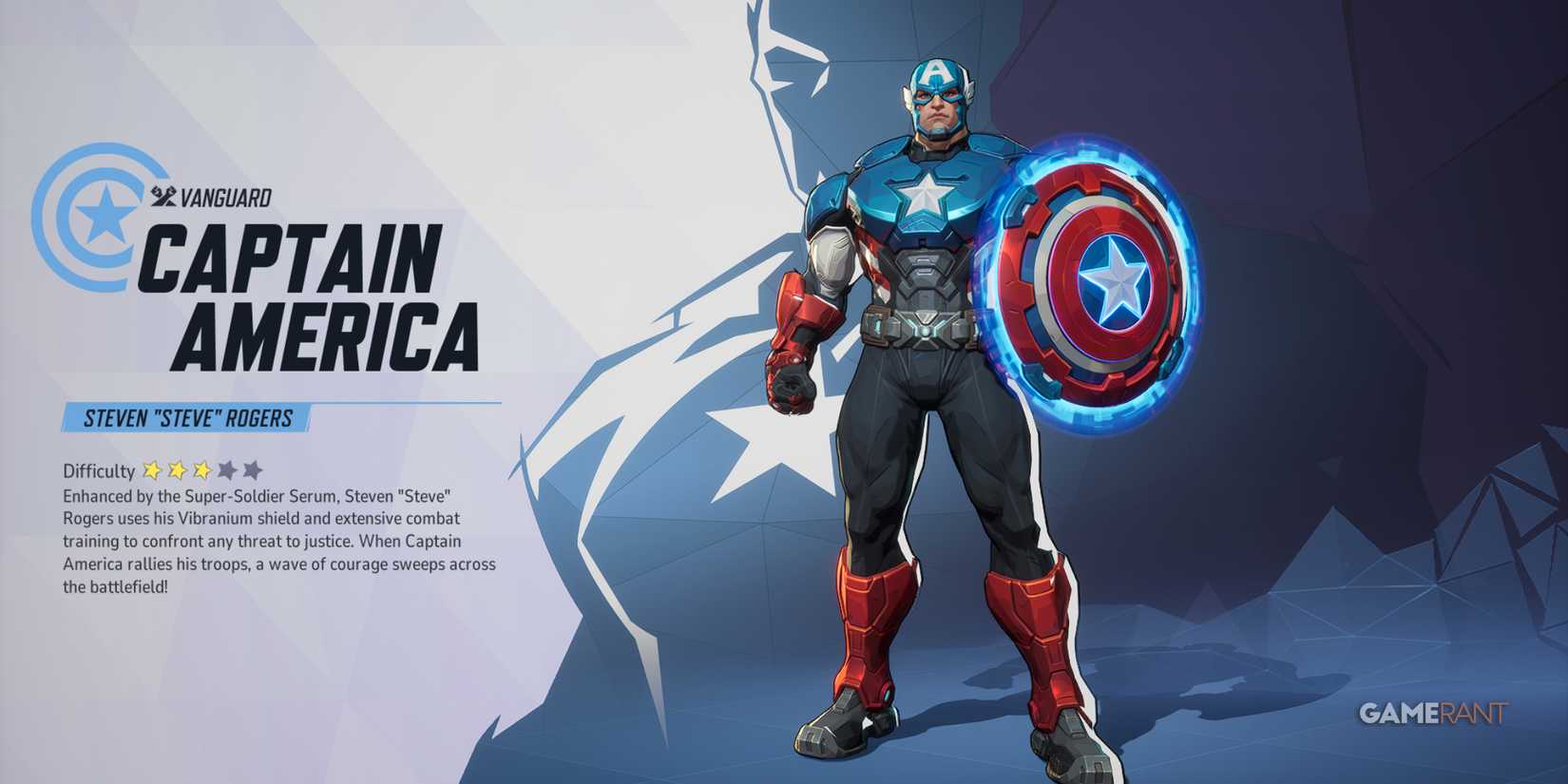 Captain America in Marvel Rivals with description of abilities and difficulty rating