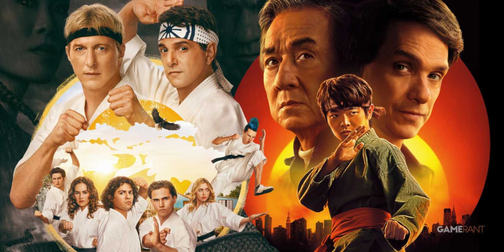 posters of cobra kai season 6 and karate kid: legends, ralph macchio, jackie chan