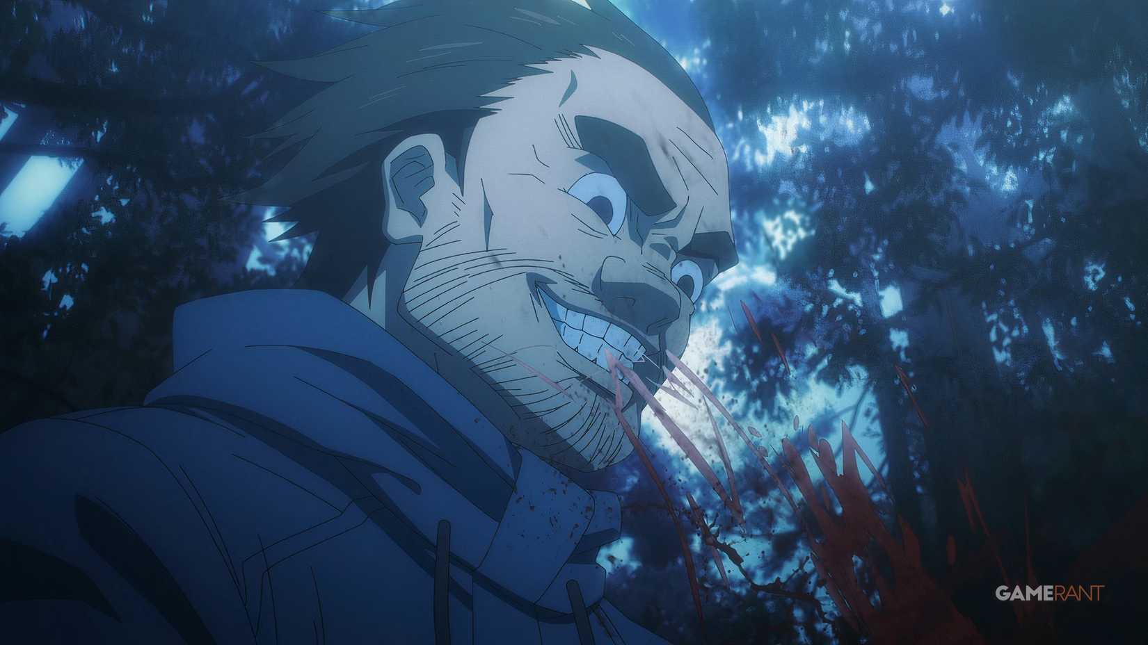 Blood sprays on Jiro Awasaka as he mangles a victim in Jujutsu Kaisen.