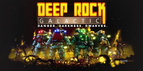 Deep Rock Galactic Danger Darkness Dwarves logo above character party artwork