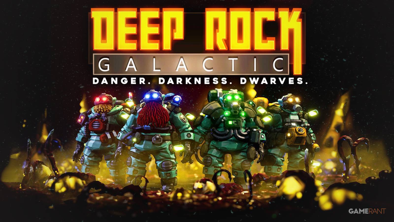Deep Rock Galactic Danger Darkness Dwarves logo above character party artwork