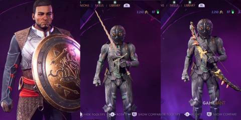 split image of Rook with three different weapon options for crafting in Dragon Age: The Veilguard