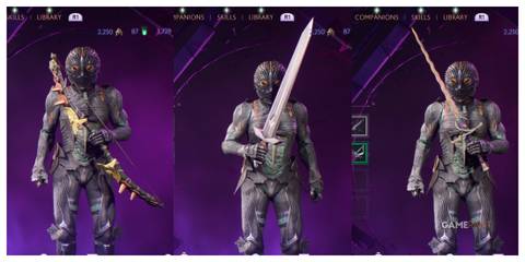 split image of Rook with a bow, a main hand weapon, and an off hand weapon in Dragon Age: The Veilguard