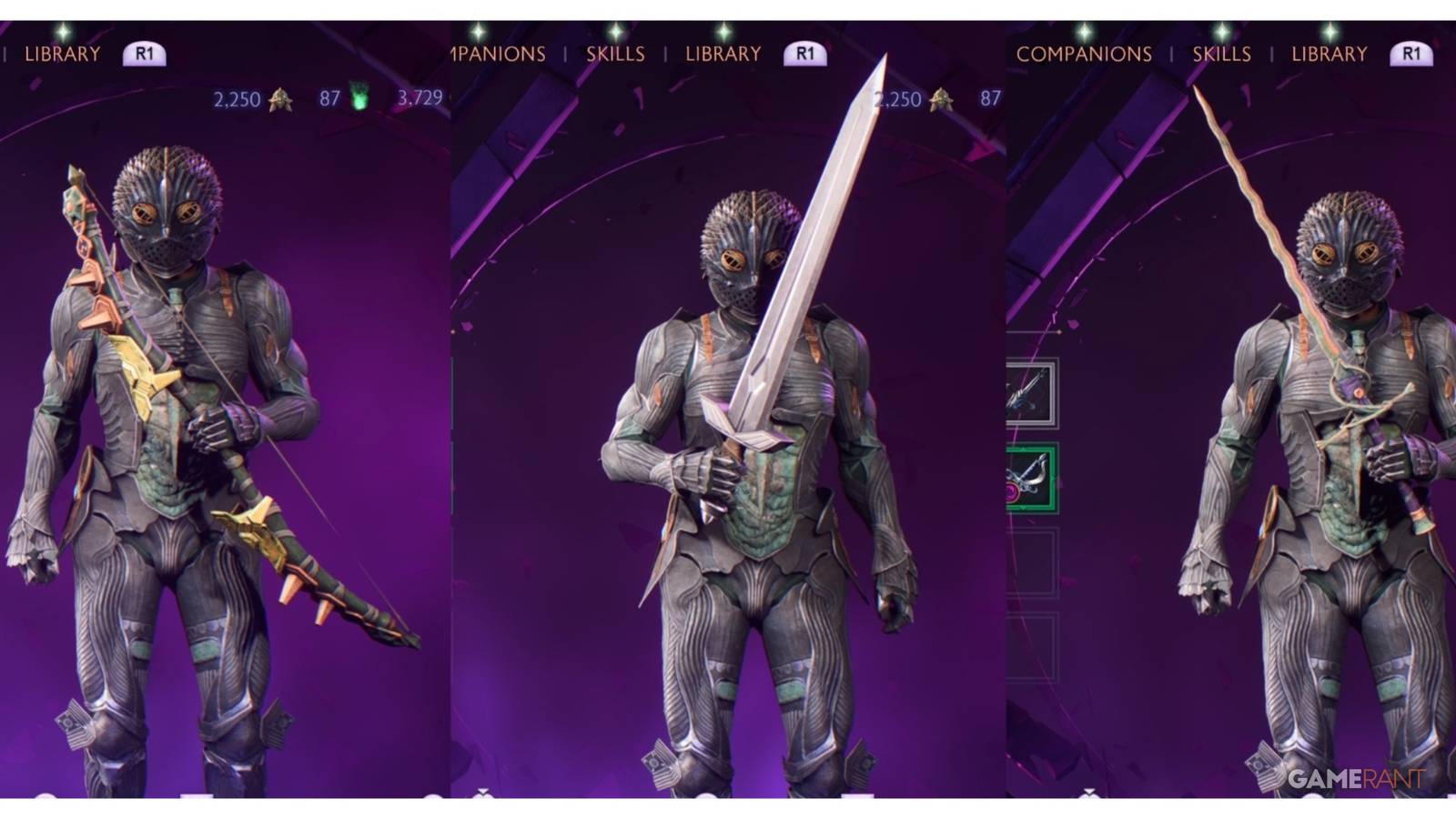 split image of Rook with a bow, a main hand weapon, and an off hand weapon in Dragon Age: The Veilguard