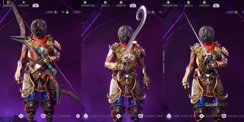 Split image of Rook with a bow, main hand weapon, and off hand weapon in Dragon Age: The Veilguard