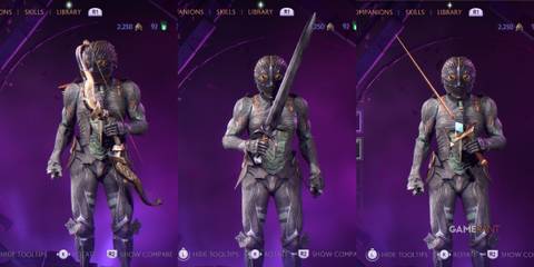 split image of rook with a Bow, main-hand weapon, and off-hand weapon in Dragon Age: The Veilguard