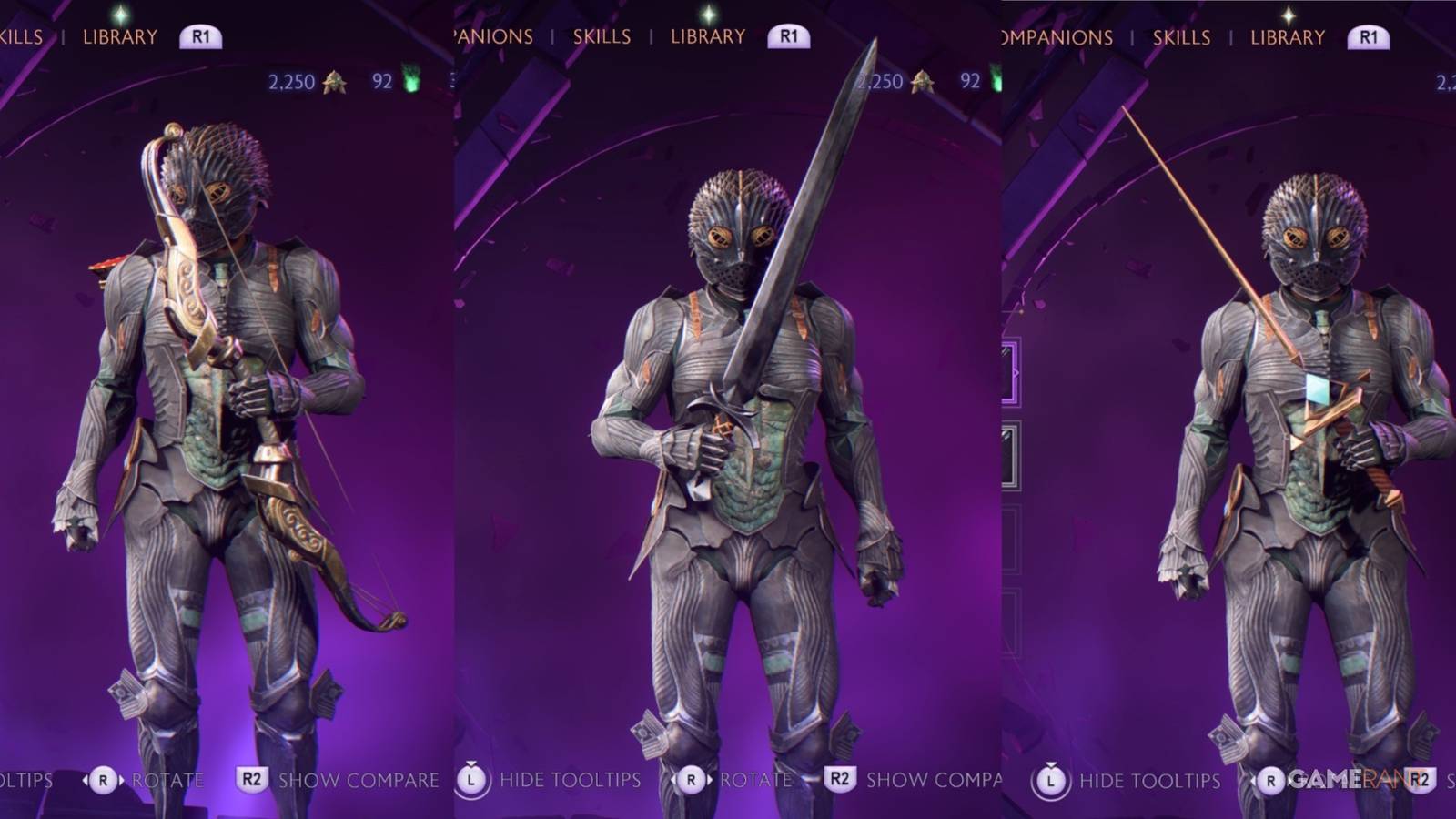 split image of rook with a Bow, main-hand weapon, and off-hand weapon in Dragon Age: The Veilguard