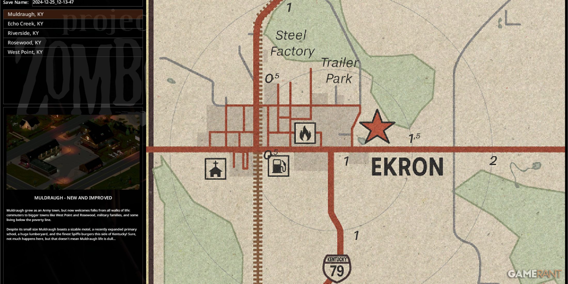 Ekron map in Project Zomboid, highlighting key locations like the steel factory and trailer park