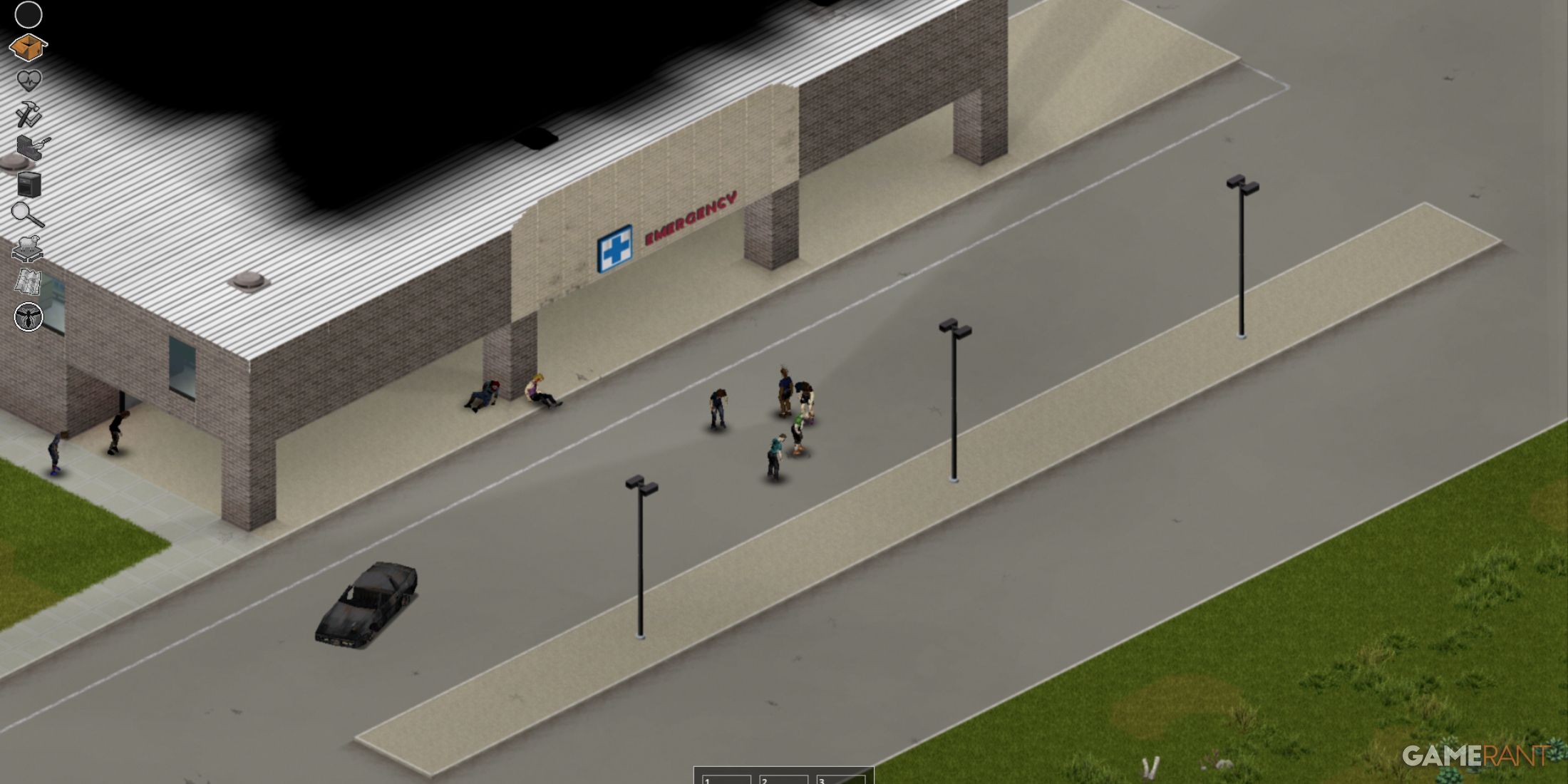 Emergency hospital entrance in Louisville, Project Zomboid, surrounded by survivors and zombies