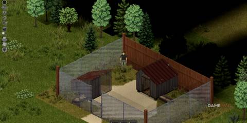 Fenced area with small sheds in a wooded region of Ekron, Project Zomboid