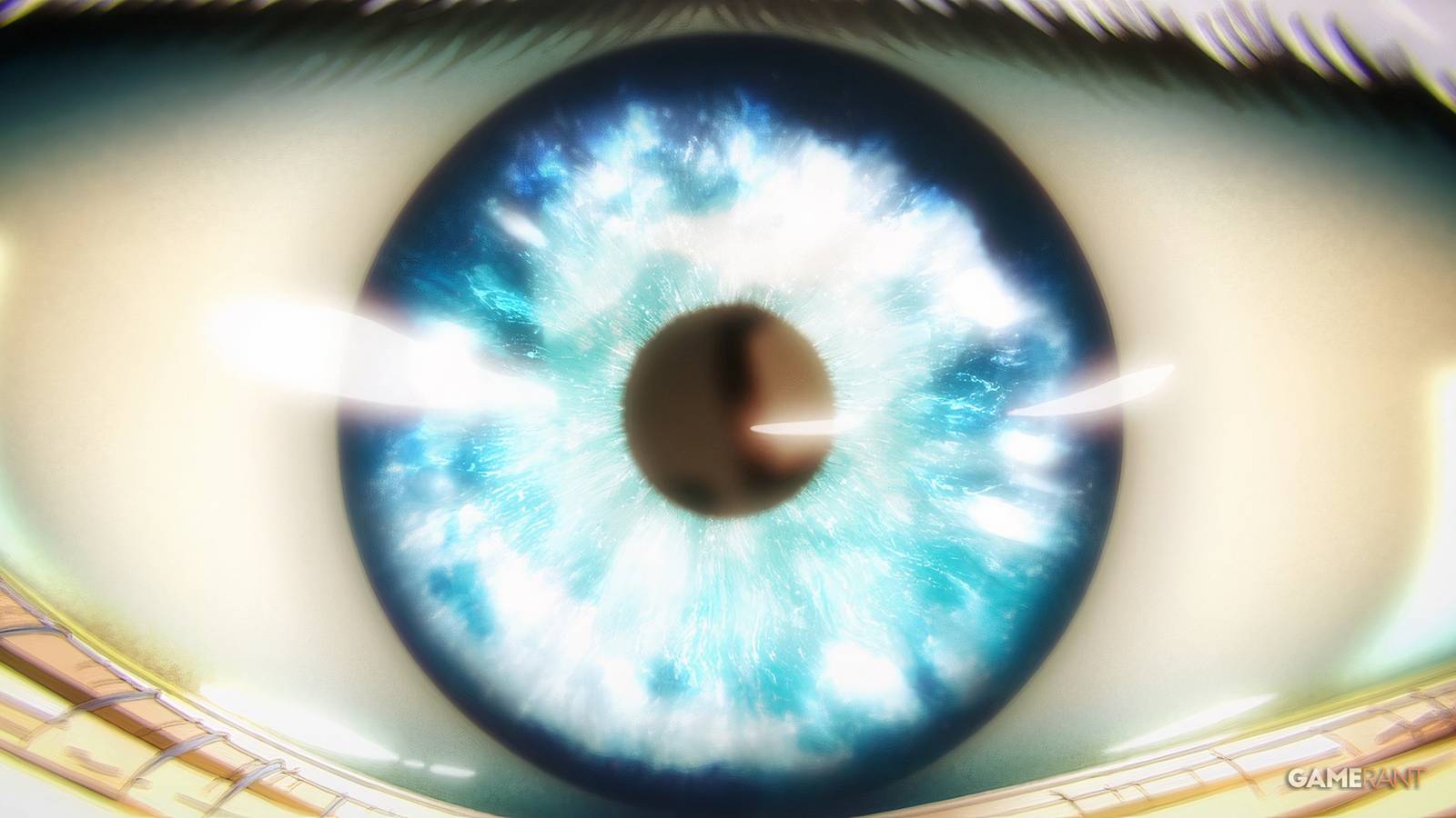 A close-up view of one of Gojo's Six Eyes in Jujutsu Kaisen.
