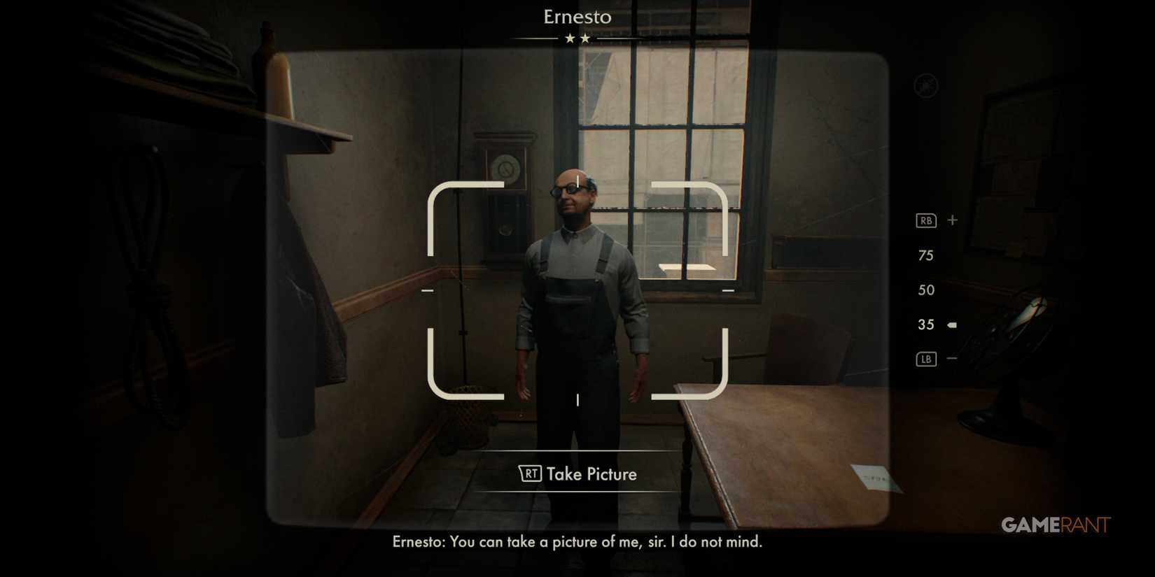 Indiana Jones aiming a vintage camera at a character named Ernesto in a dimly lit room in The Great Circle