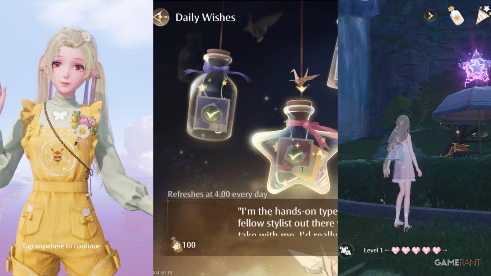 split image of Afternoon Shine, Daily Wishes, and a Whimstar in Infinity Nikki