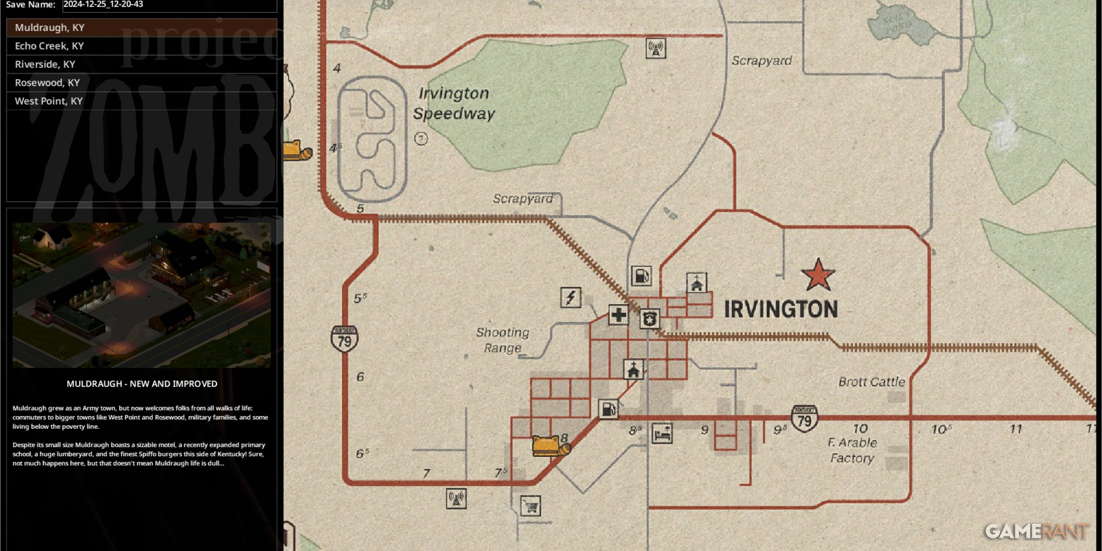 Irvington map in Project Zomboid, highlighting the shooting range, speedway, and key locations