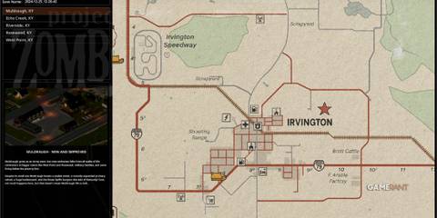 Irvington map in Project Zomboid, highlighting the shooting range, speedway, and key locations