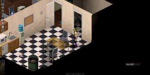 Kitchen area inside a building in Brandenburg, Project Zomboid, with lootable items and supplies