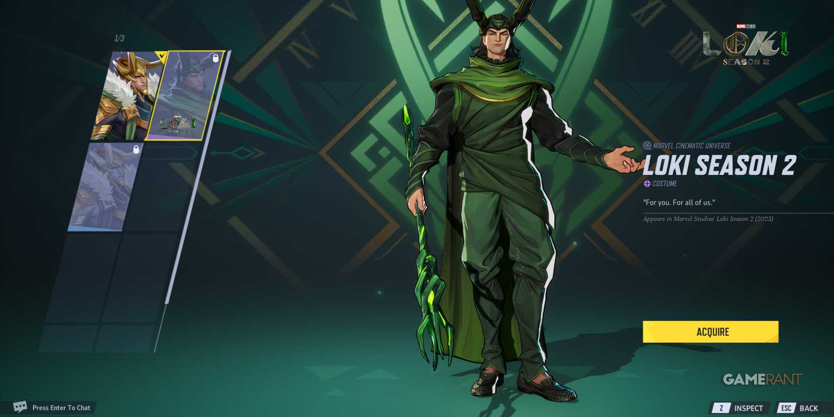 Loki's iconic Season 2 attire captures his cunning style, a notable addition to MCU skins in Marvel Rivals