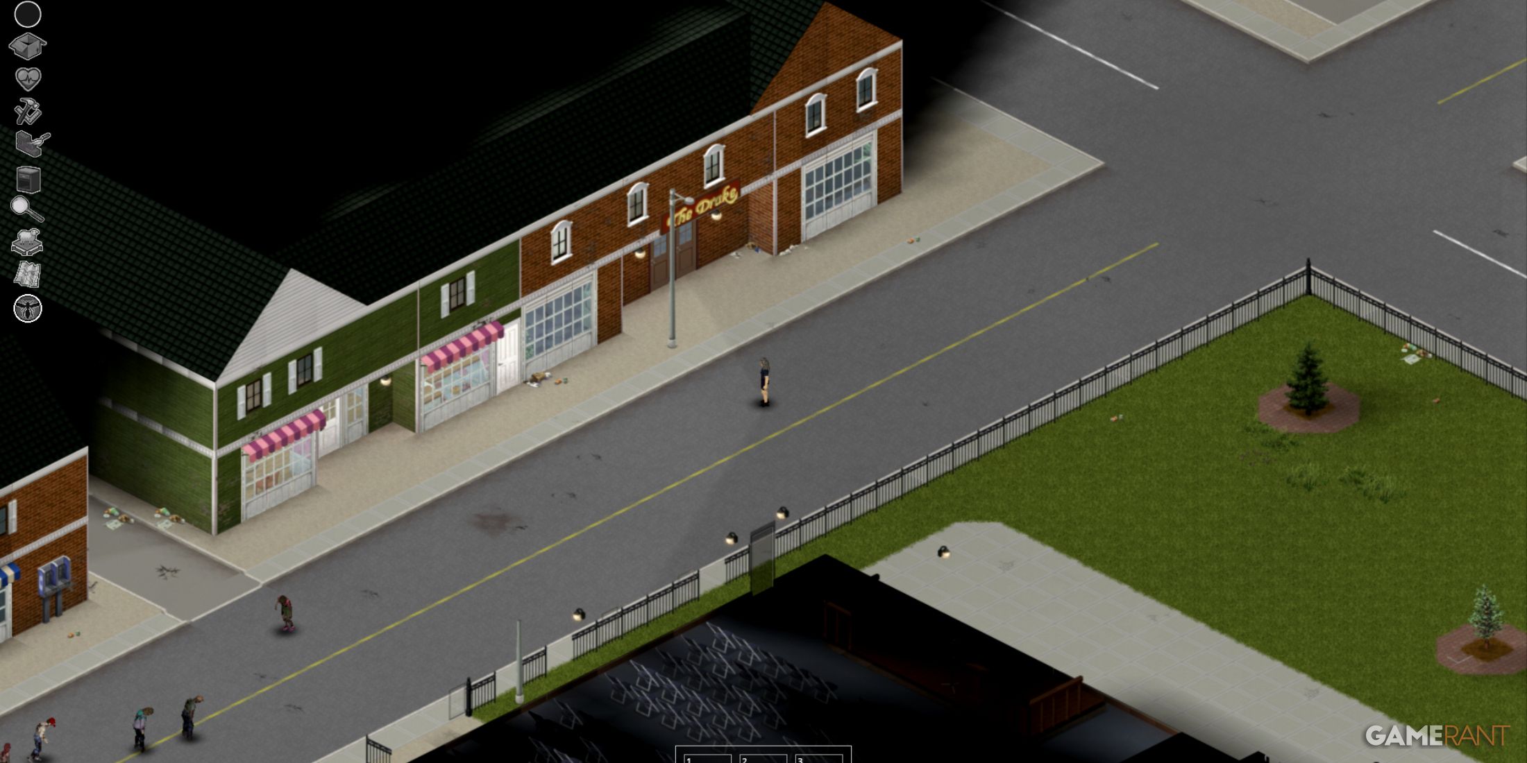 Main street in West Point, Project Zomboid, featuring stores and potential loot opportunities