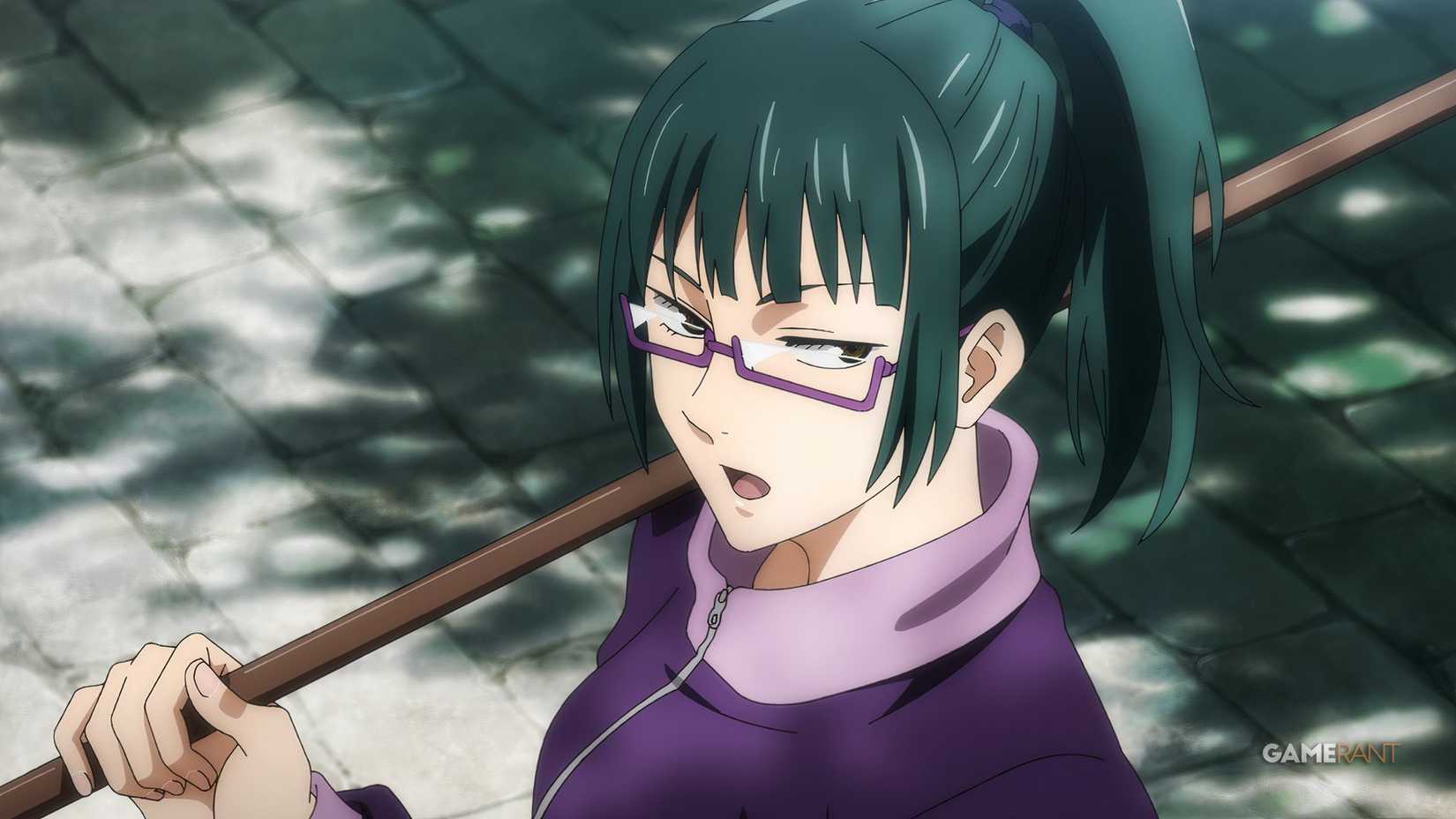 Maki is talking to someone at the Jujutsu Line with a staff on his shoulder.