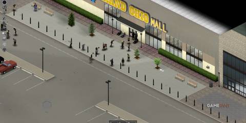 Mall entrance in Louisville, Project Zomboid, crowded with zombies, showing a high-risk loot area