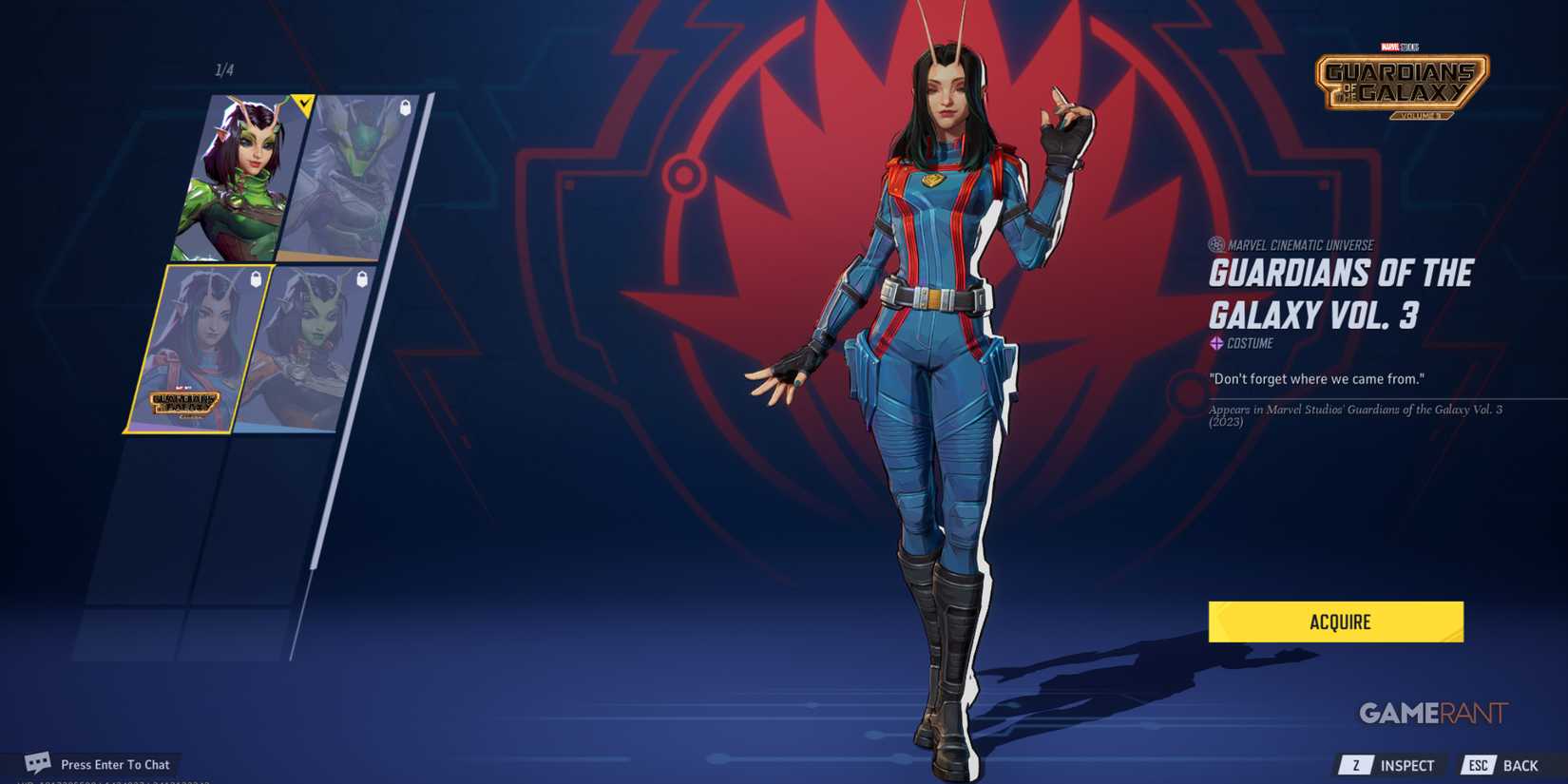 Mantis dons her Guardians of the Galaxy Vol. 3 outfit, another highlight of MCU skins in Marvel Rivals