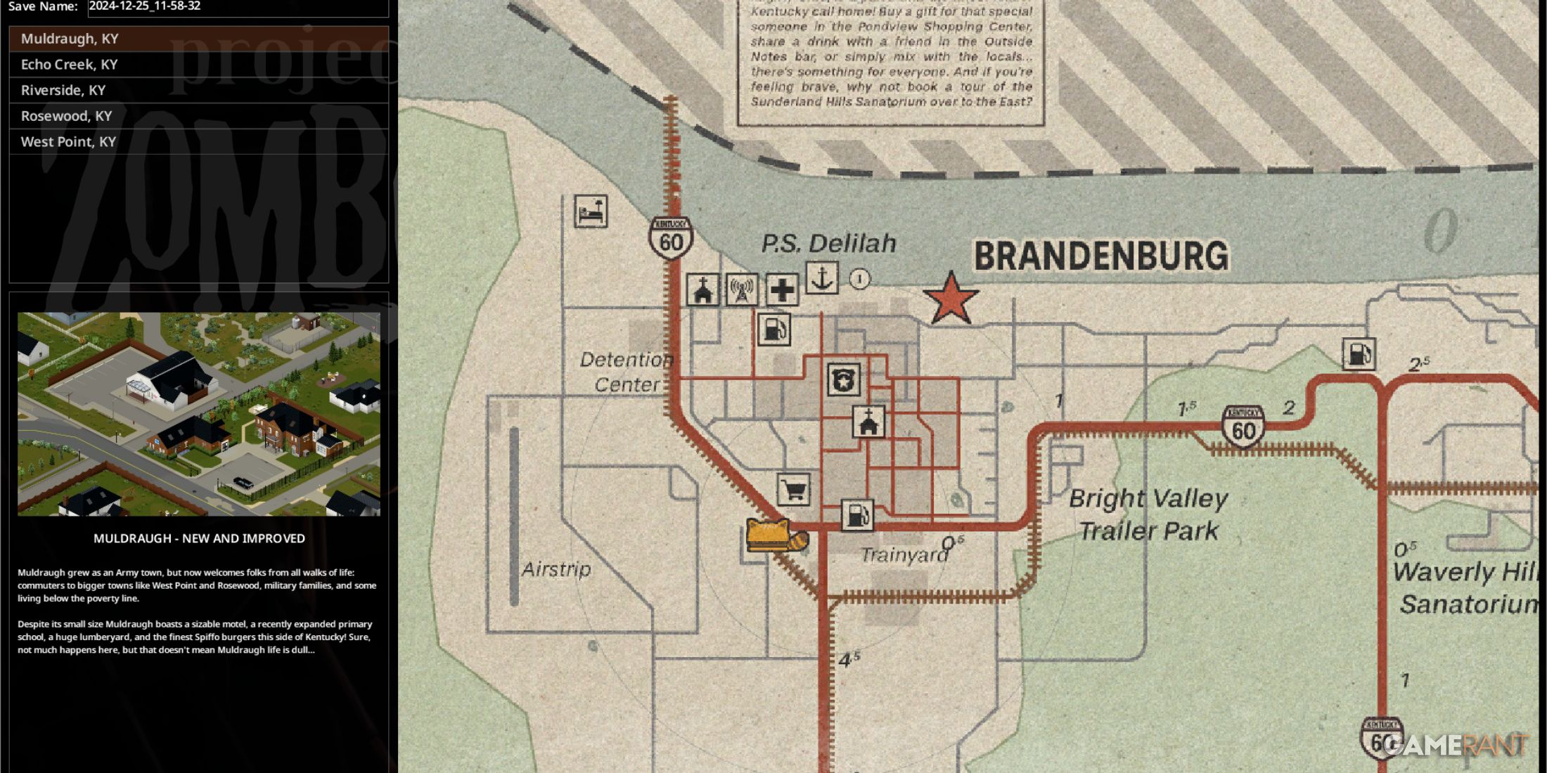 Map of Brandenburg in Project Zomboid showing key locations, roads, and landmarks for survival.