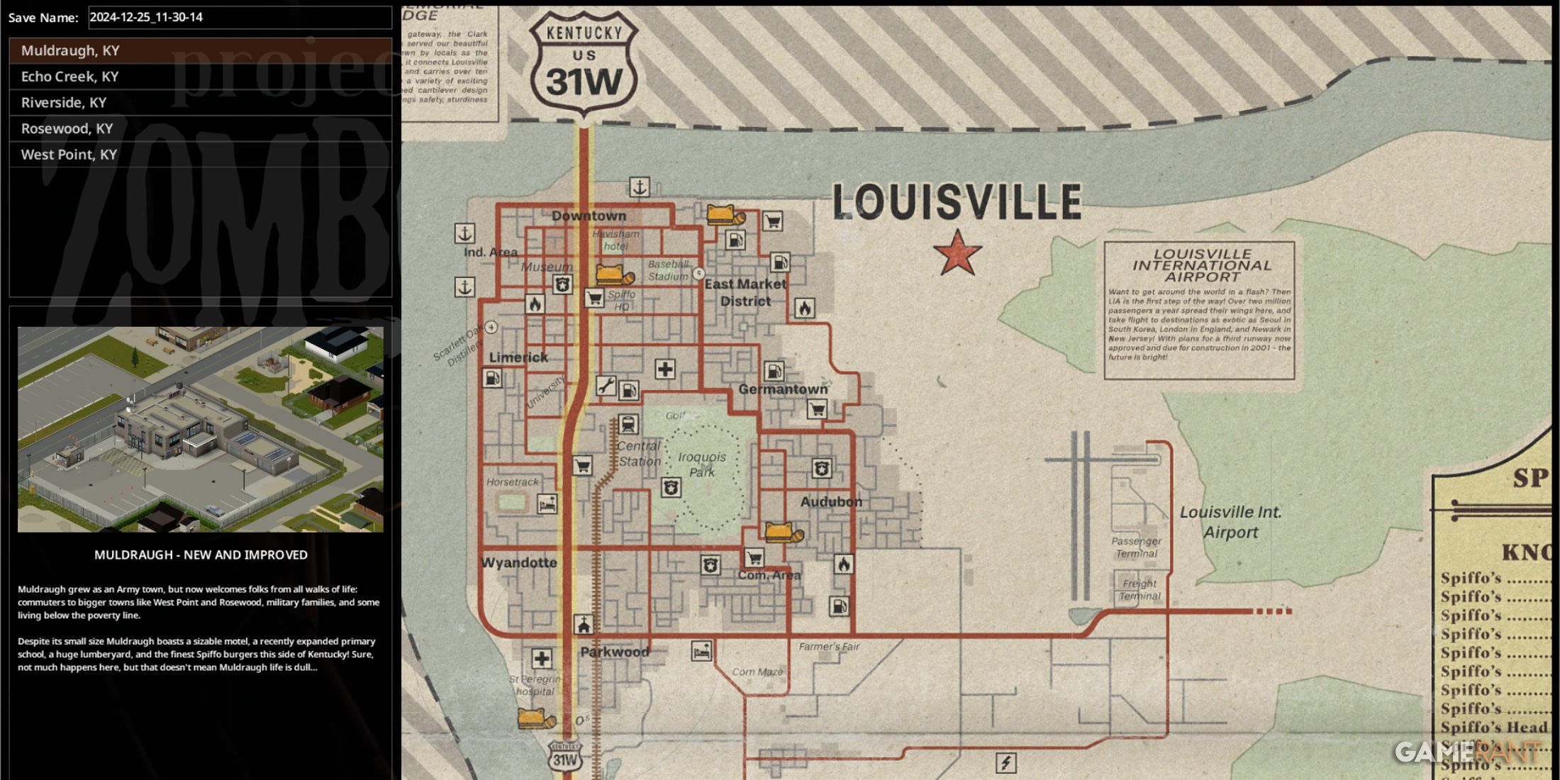 Map of Louisville in Project Zomboid showing landmarks, roads, and key survival spots