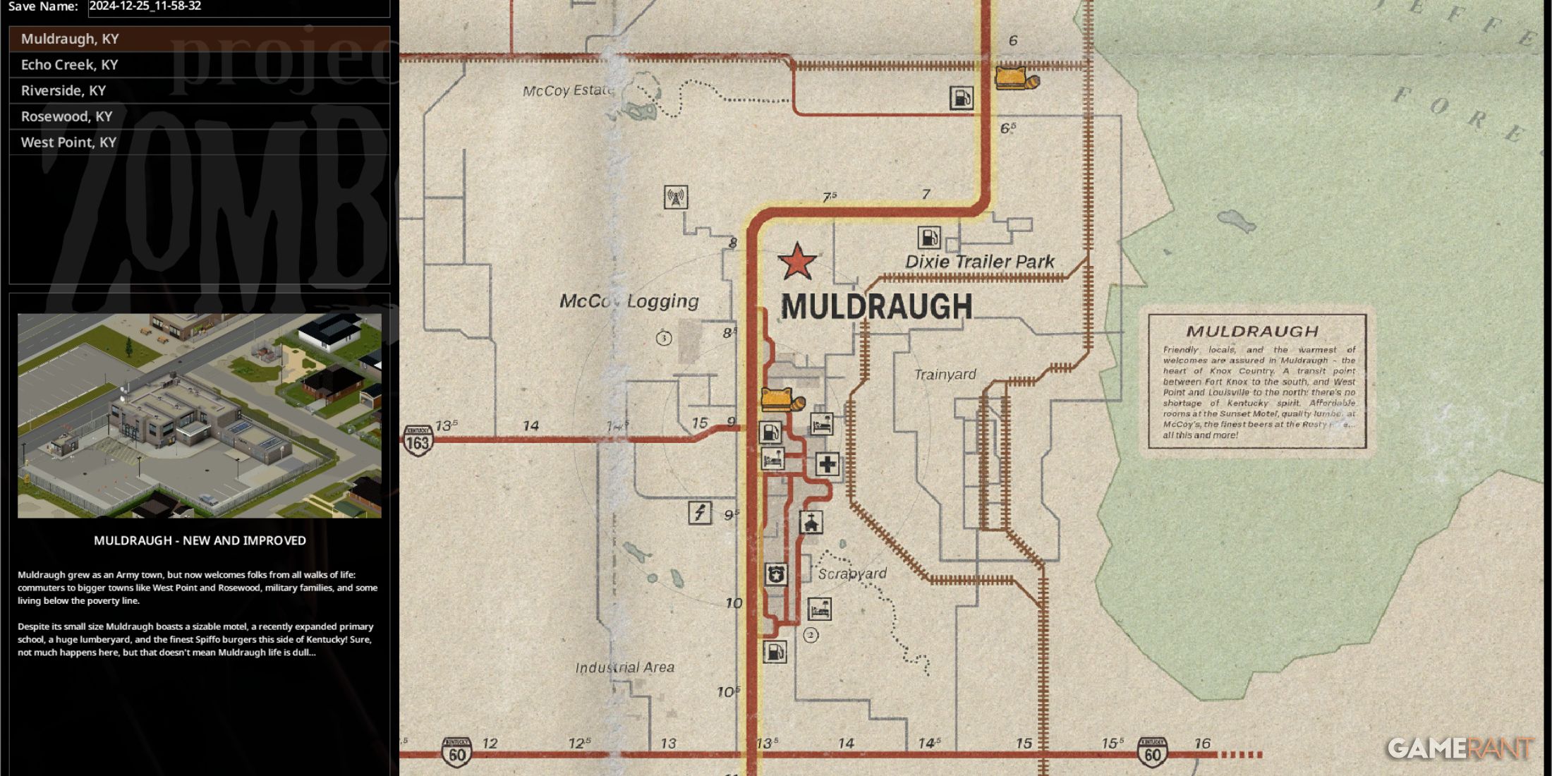 Map of Muldraugh in Project Zomboid showing roads, landmarks, and survival locations