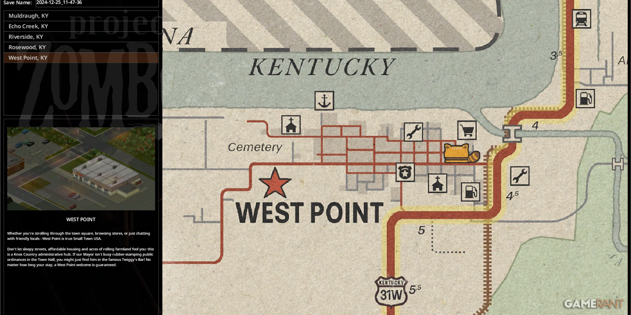 Map of West Point in Project Zomboid showing landmarks, roads, and key survival areas