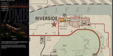 Map showing the Riverside area with key locations marked, including Farmer's Market in Riverside